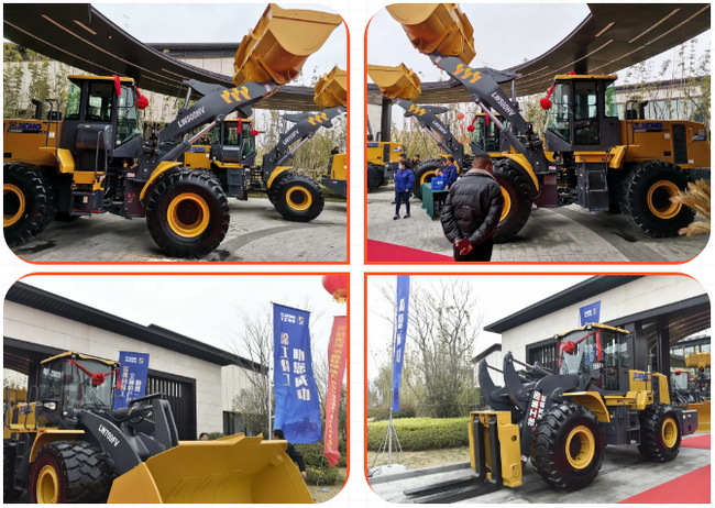 MK网装载机、叉装机等整齐列队等待检阅